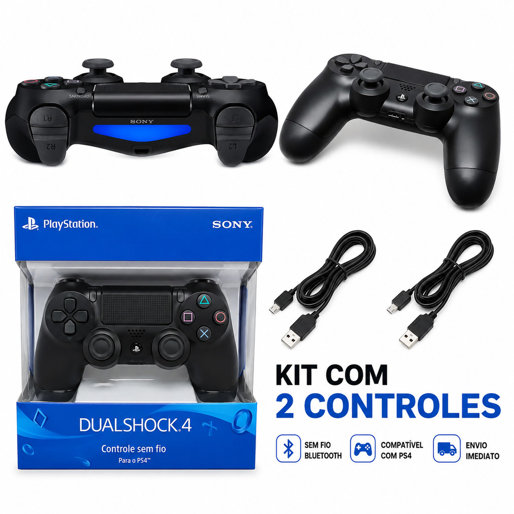 Kit com 2 controles ps4 sem fio linha premium comp