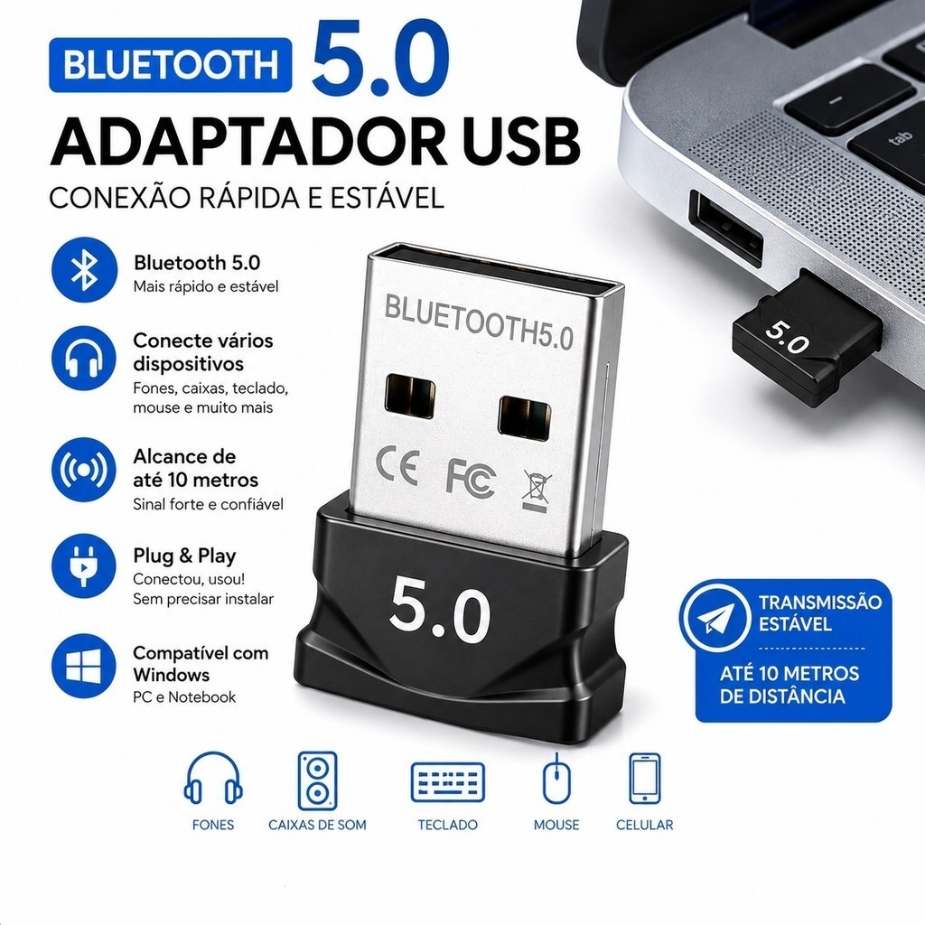 Adaptador Bluetooth 5.0 USB Transmissor Áudio Sem