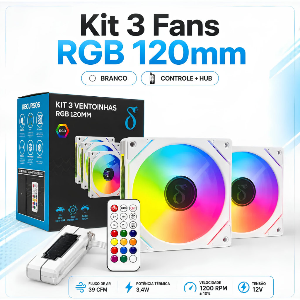 Kit 3 Ventoinhas ARGB 120MM 1200 RPM ±10% com Bai
