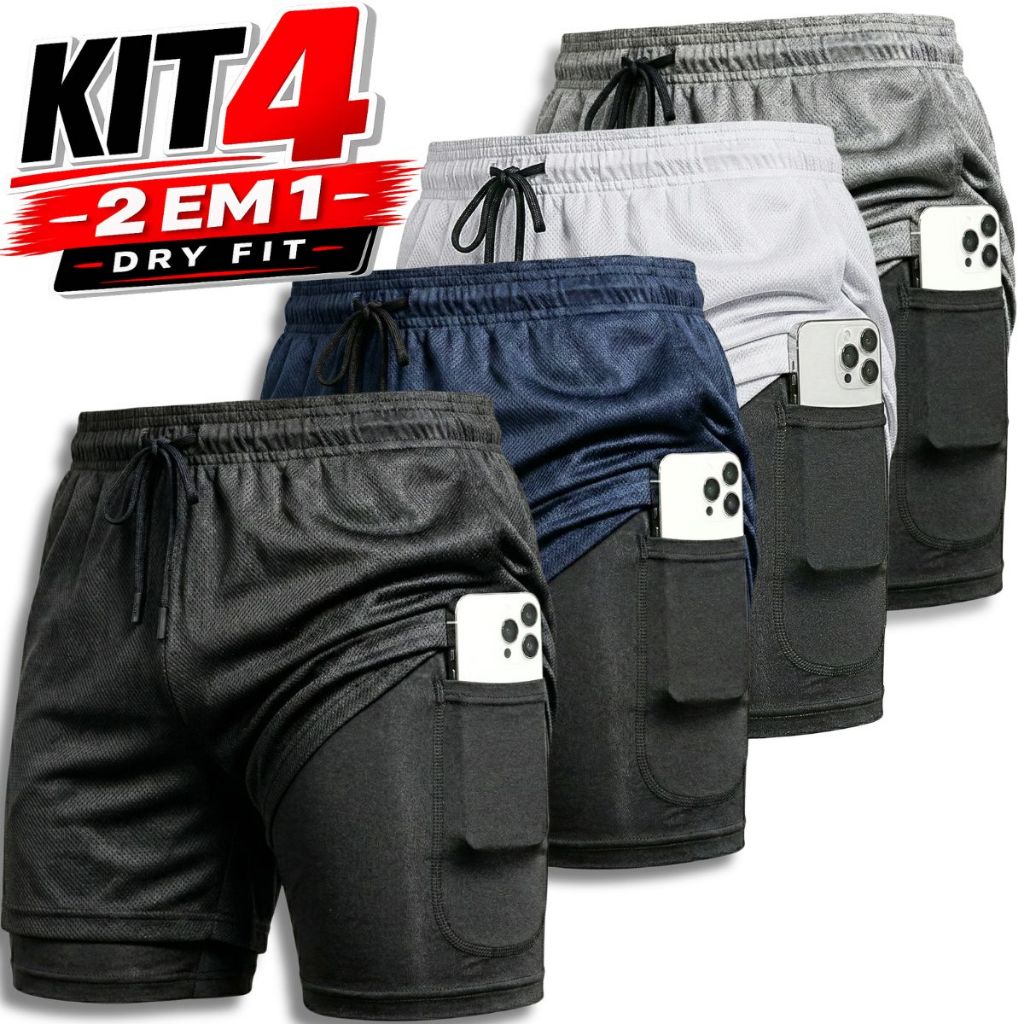 KIT 4 Shorts 2 em 1 Masculino Dry Fit Academia Cor