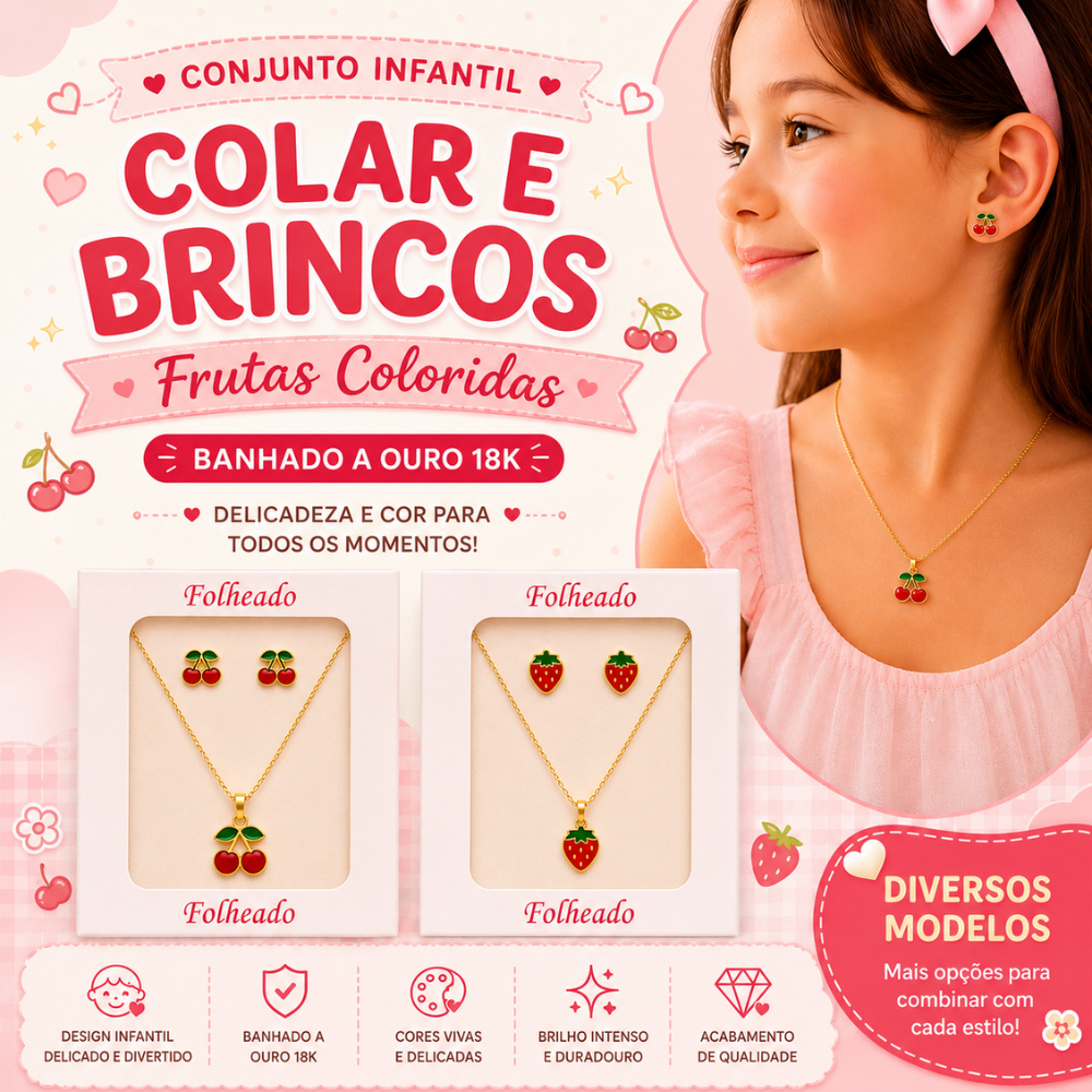 Conjunto Infantil Colar e Brincos Frutas Coloridas