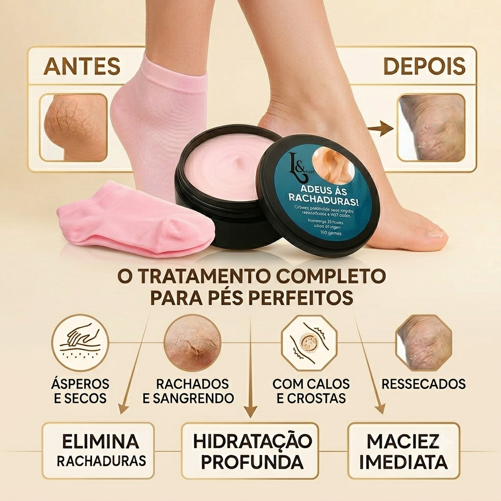 Creme Para Pés + Meias Silicone Hidratação Rach
