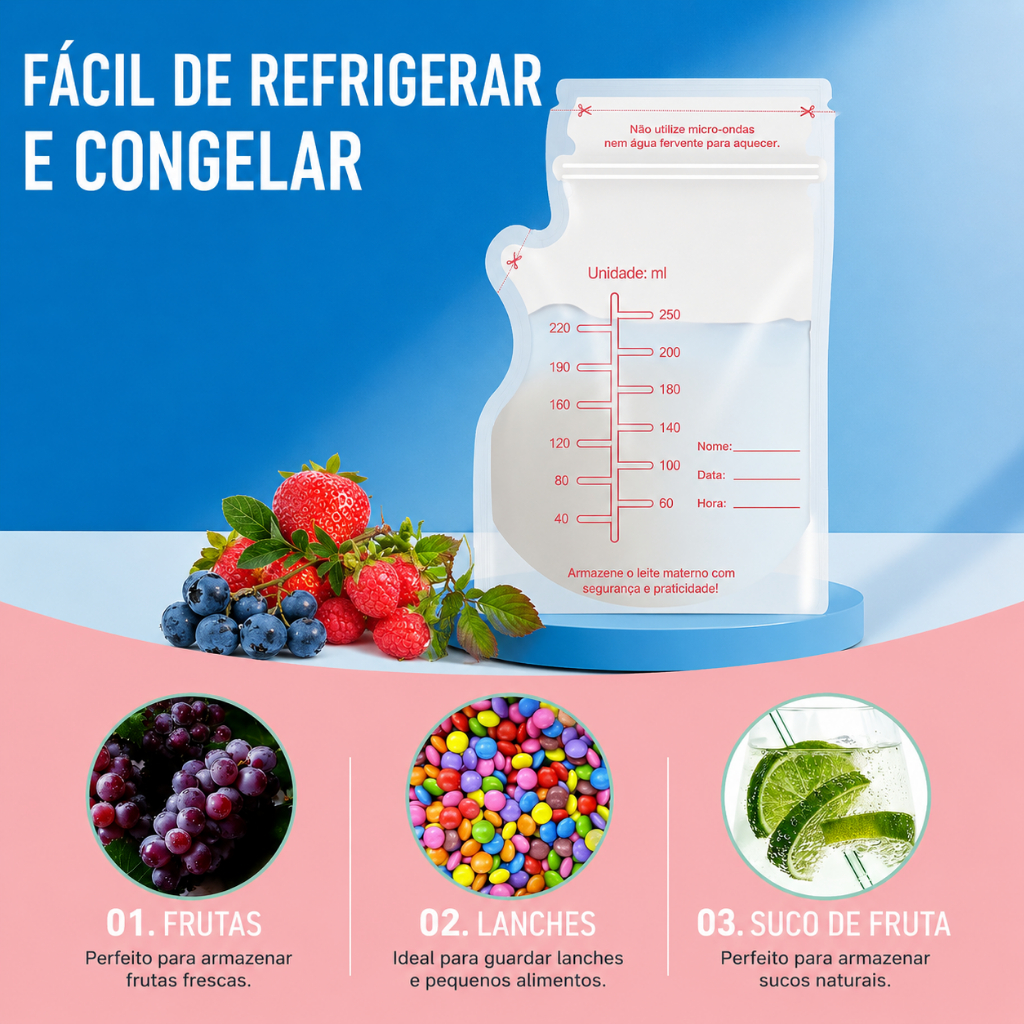 Kit com 30 Sacos para Armazenamento de Leite Mater