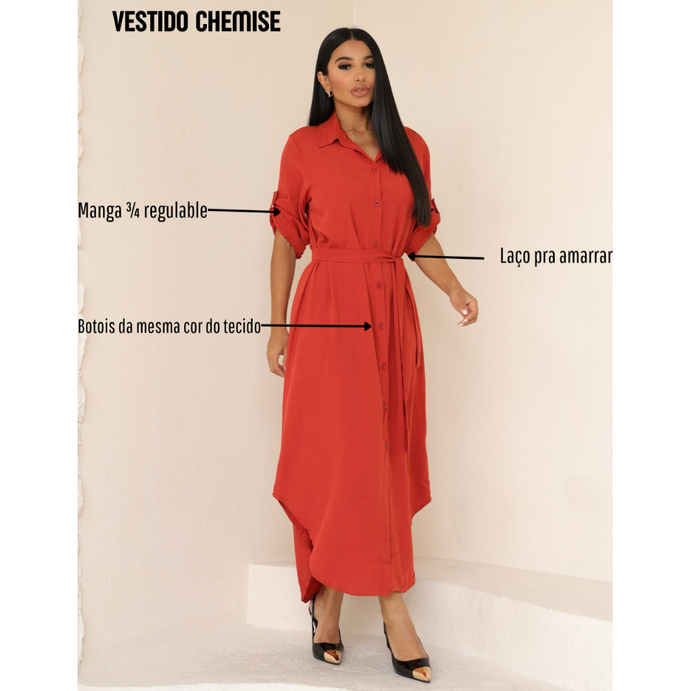 VESTIDO CHEMISE MANGA 3/4 COM LAÇO PRA AMARRA E B