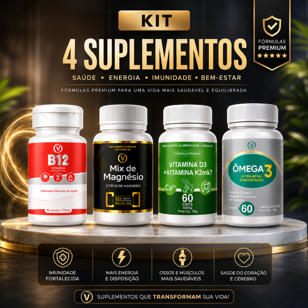 Kit Vitaminas e Minerais B12 D3 K2 Magnésio e Ôm