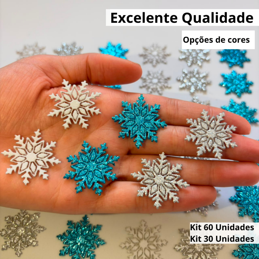 60 Apliques Floco de Neve EVA Glitter 3cm | Frozen