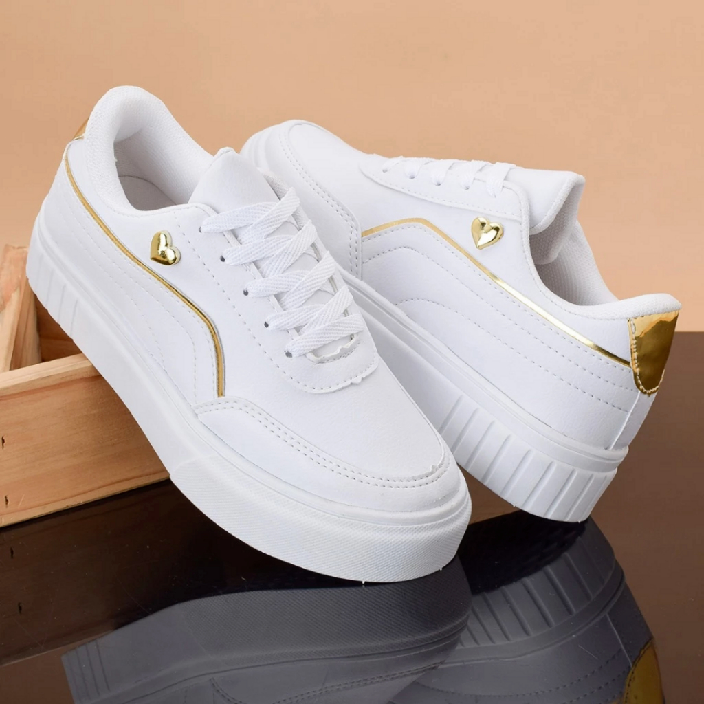 Tenis Coraçao Ouro Branco Plataforma Casual Femin