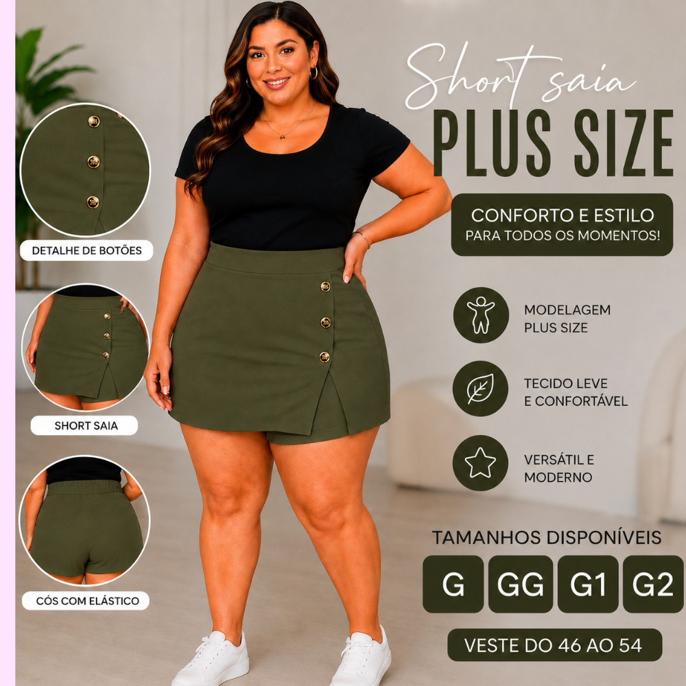 Short Saia Plus Size Feminino, com botões, Estilo