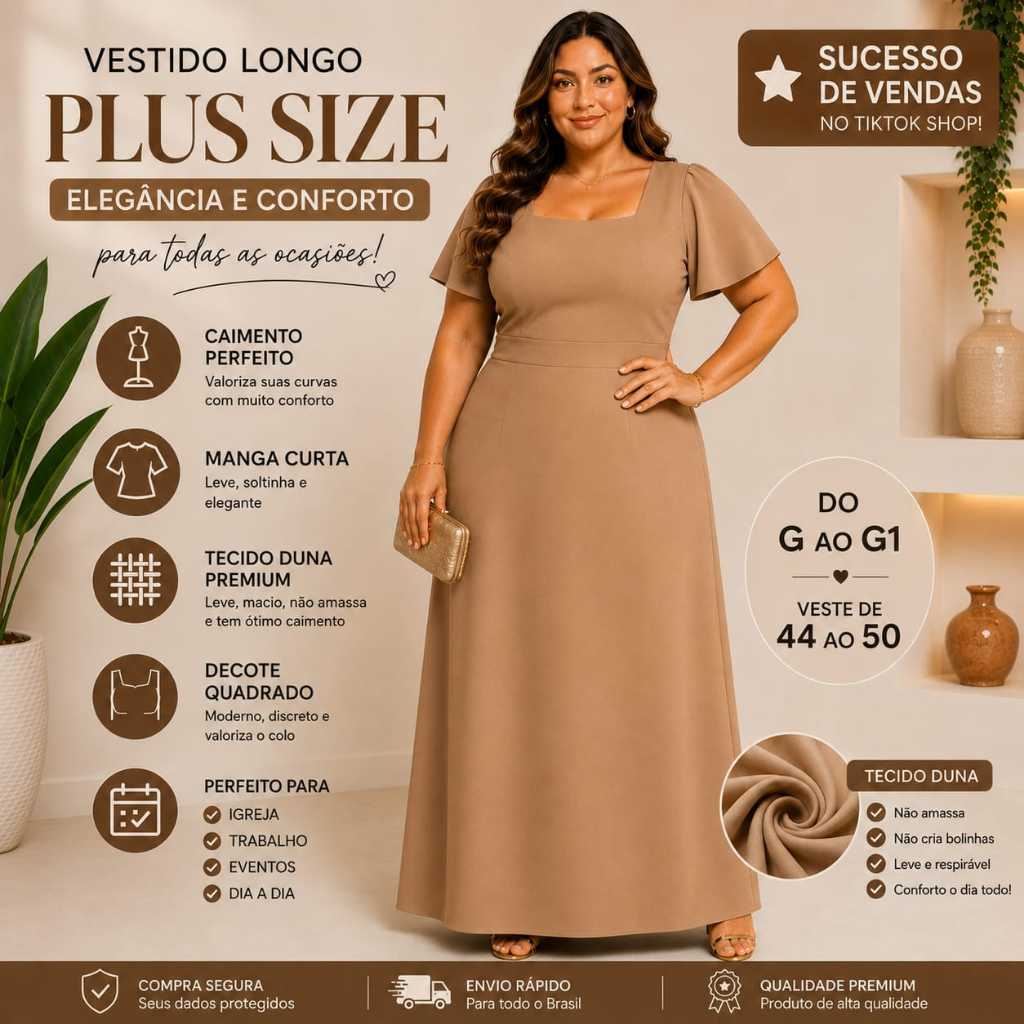 Vestido Longo Plus Size Feminino Elegante Manga So