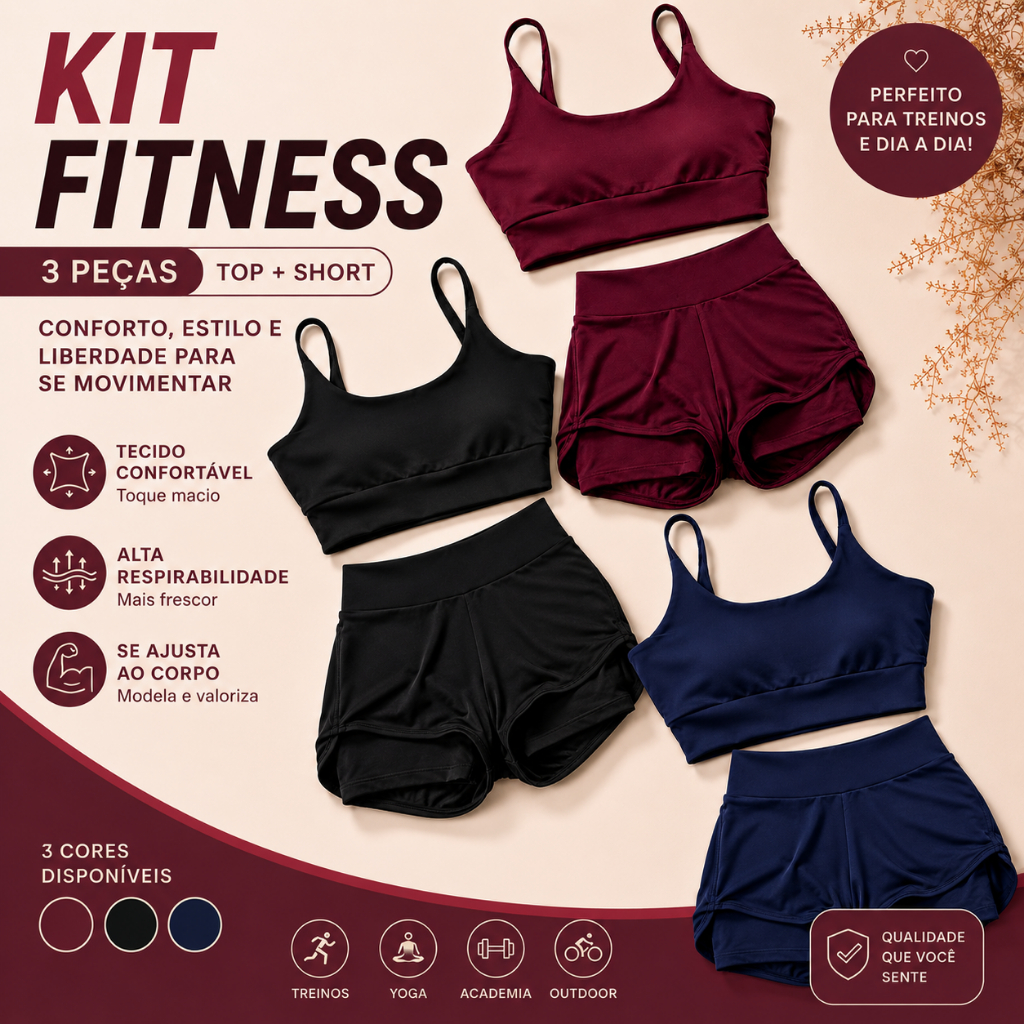 KIT 3 Conjuntos de Academia Feminino Short Duplo D