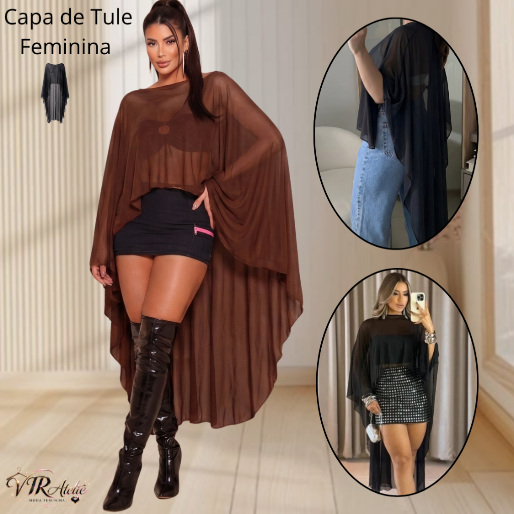 Capa Feminina Longa em Tule Transparente Estilo Vi