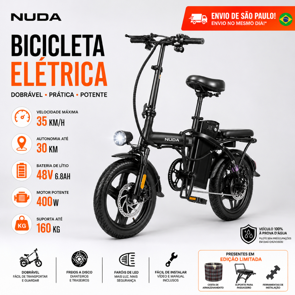 Bicicleta Dobrável Elétrica 400W 48V Bateria Rem