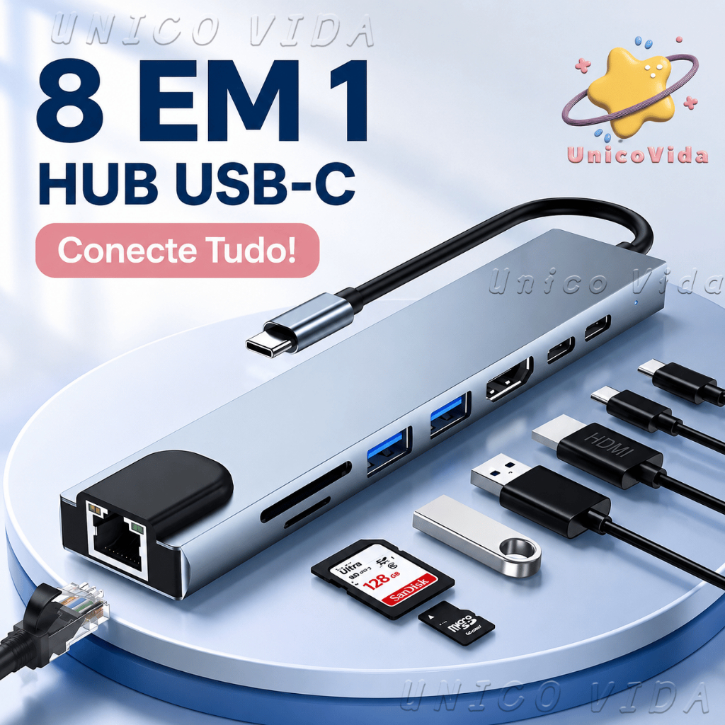 Hub USB-C 8 em 1 Adaptador Tipo C HDMI 4K USB 3.0 
