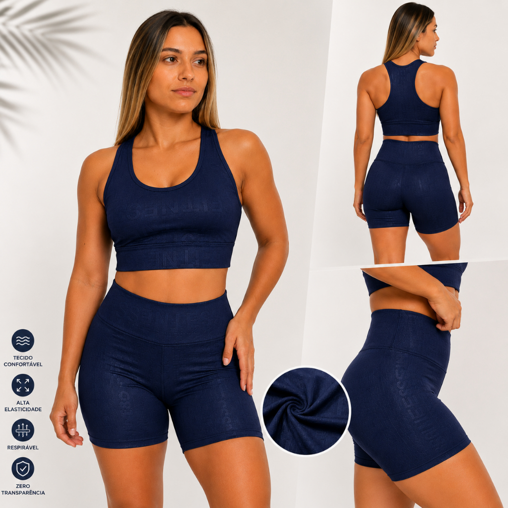 Conjunto Fitness Feminino Azul Top Nadador + Short