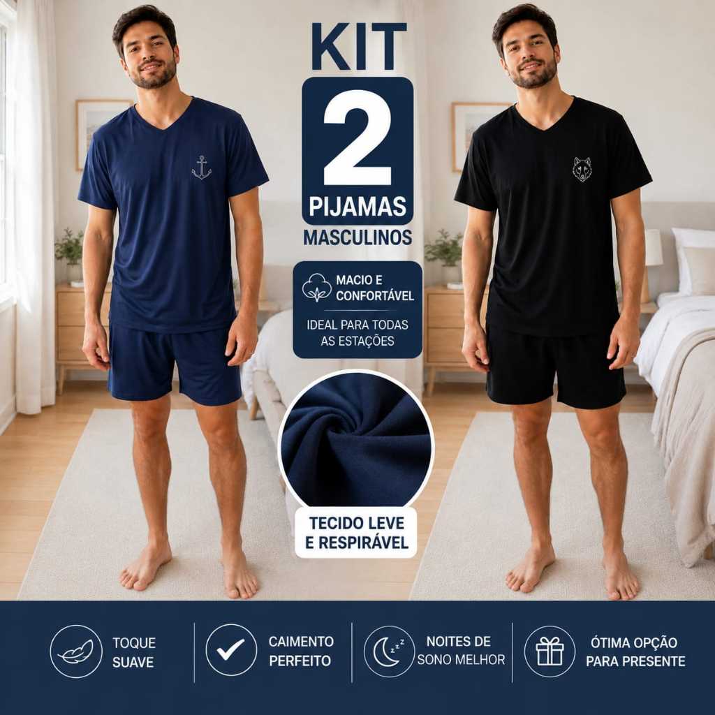 KIT 2 Pijamas Masculino Verão Adulto Camiseta Gol