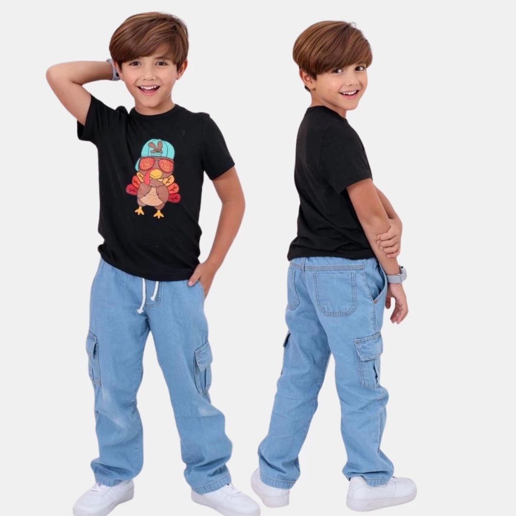 Calça Jeans Cargo Infantil Masculina Wide Leg com