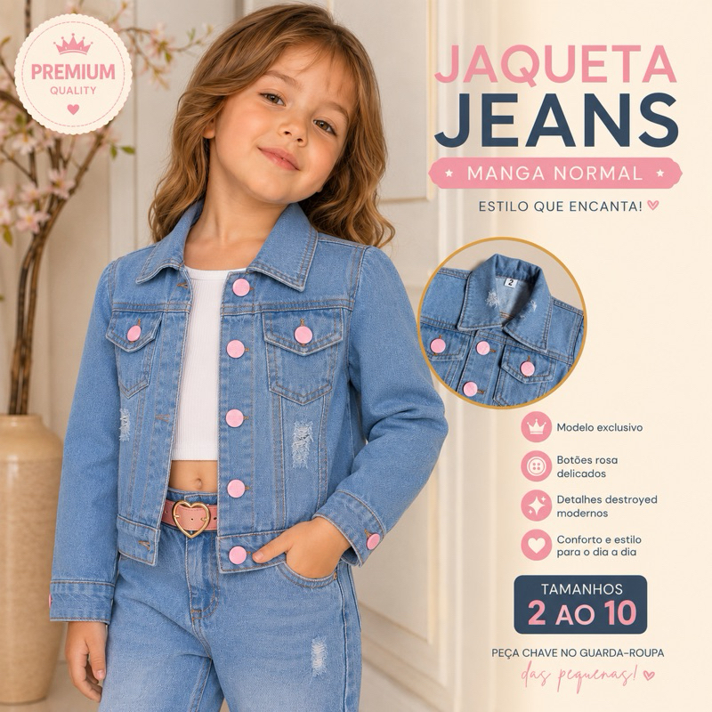 Jaqueta Jeans Infantil Feminina Jeans Claro Botão