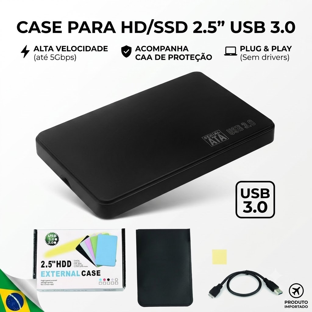 Case para HD e SSD 2.5 SATA USB 3.0 Externo com Ca