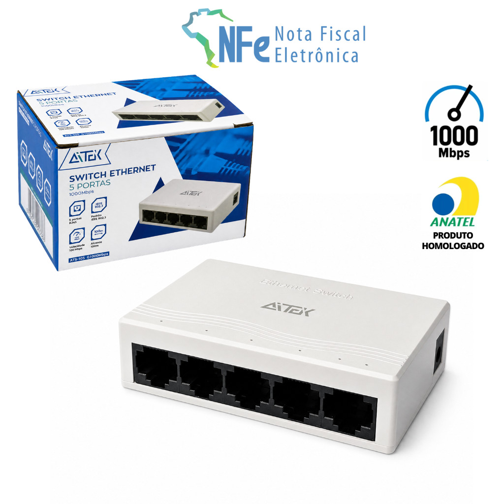 Switch 5 Portas Rede Rj45 Gigabit 10/100/1000 Mbps