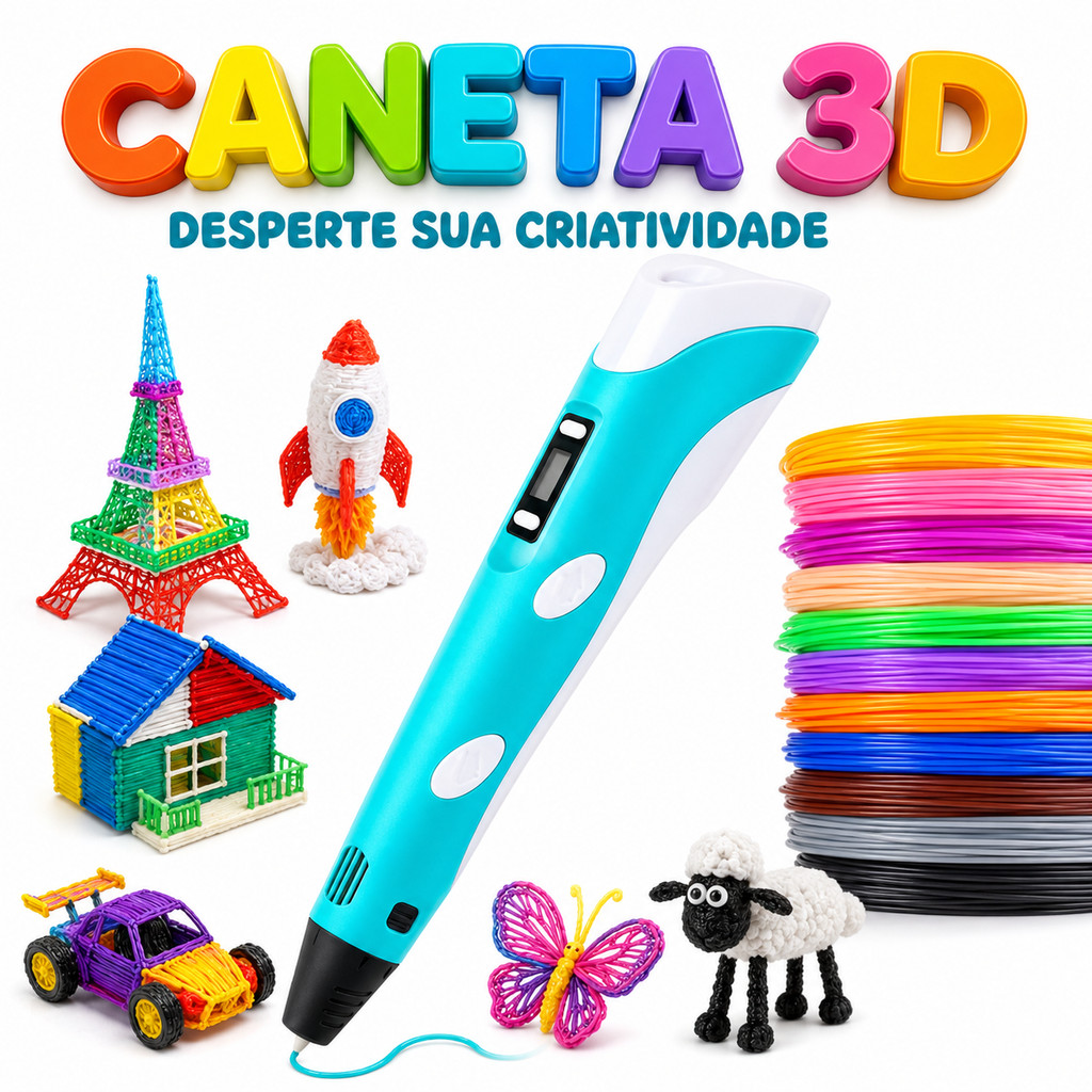 Caneta 3D Infantil Impressora com Tela LCD + Filam