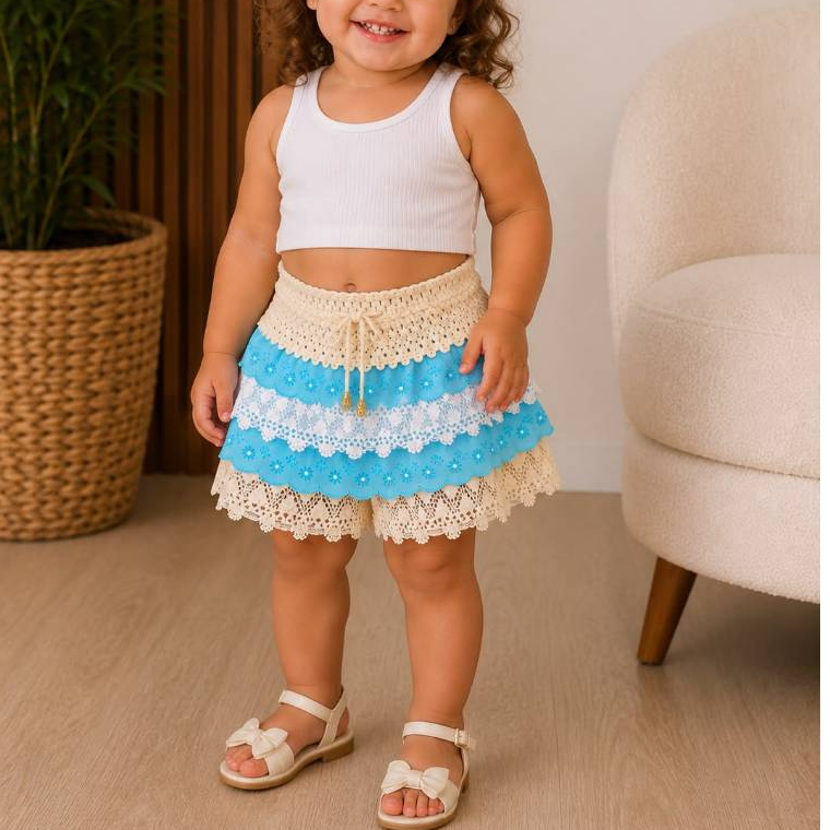 Shorts Saia Babado Infantil Crochê e Rendinha Men