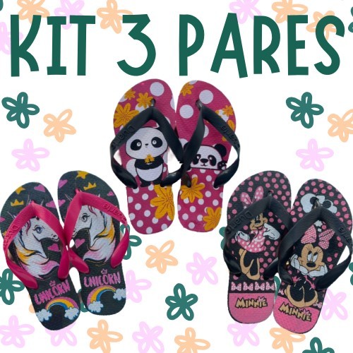 Kit 3 Pares de Chinelo Infantil Feminino Menina Ba
