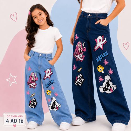 Calça Jeans Juvenil Feminina Wide Leg Estampas Em