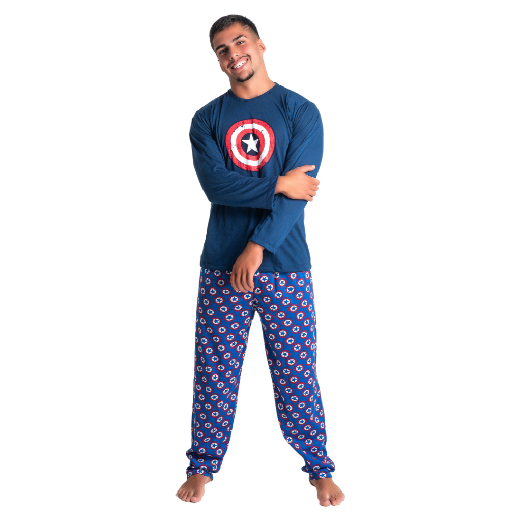 Pijama Heróis Desenho Capitão América Manga Com