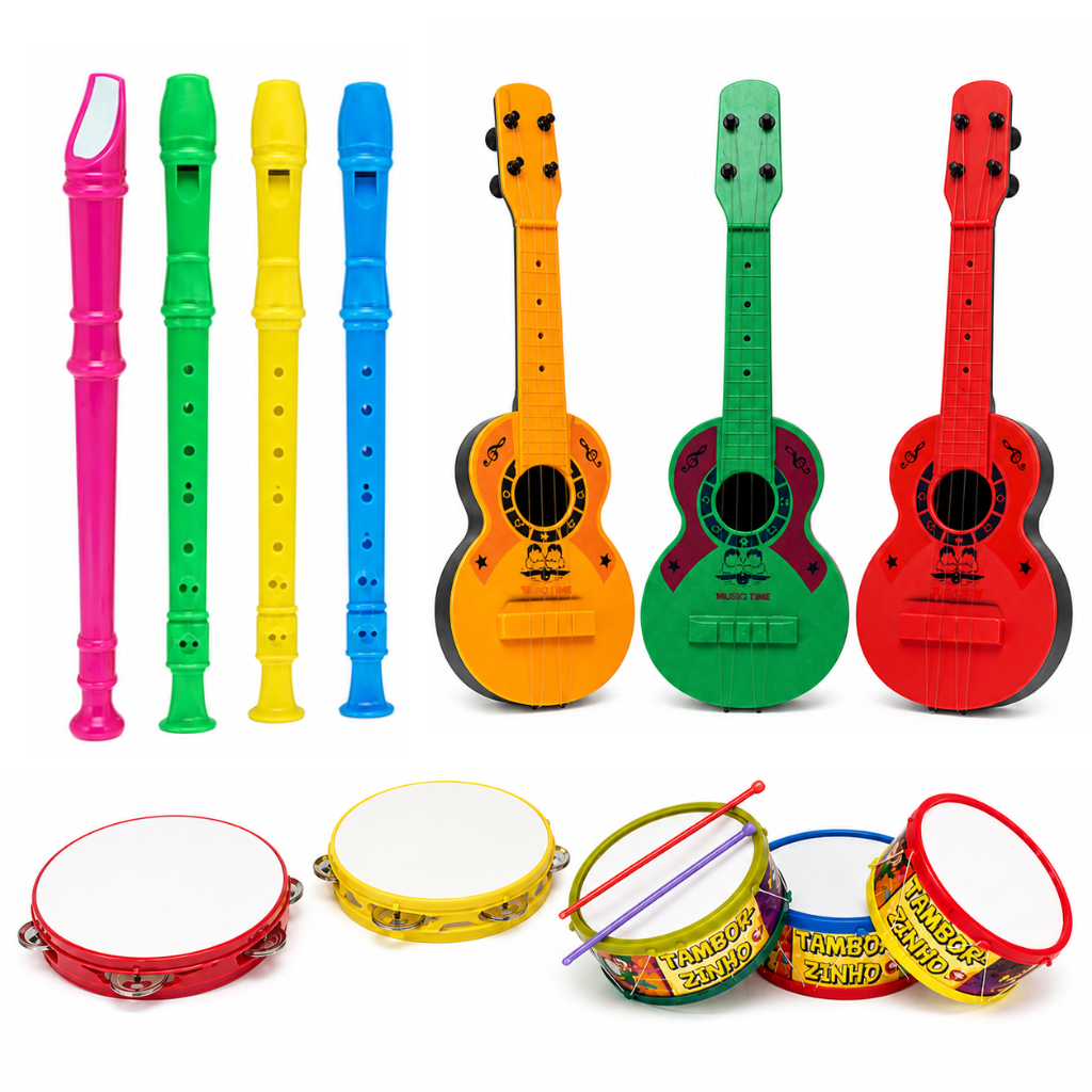 KIT 4 BRINQUEDOS KIT MUSICAL FLAUTA,PANDEIRINHO,TA