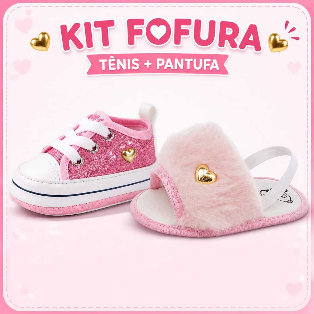 KIT Tênis Glitter + Chinelo Pelúcia Infantil Vá