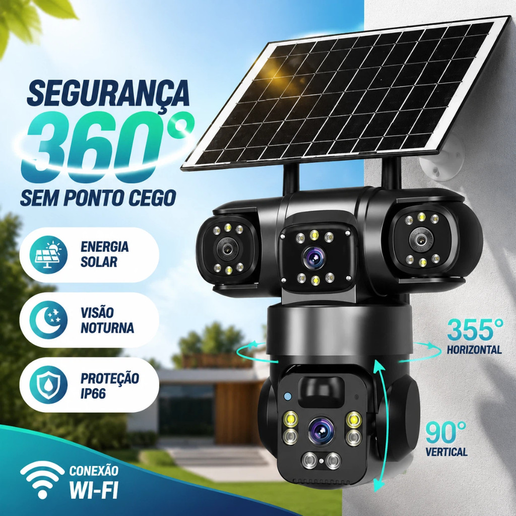 Câmera de Segurança Solar Wi-Fi 360° PTZ 3 Lent