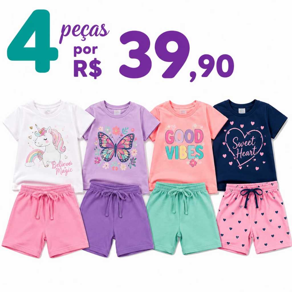 Kit 4 Peças de Conjuntos Verão Menina Infantil e