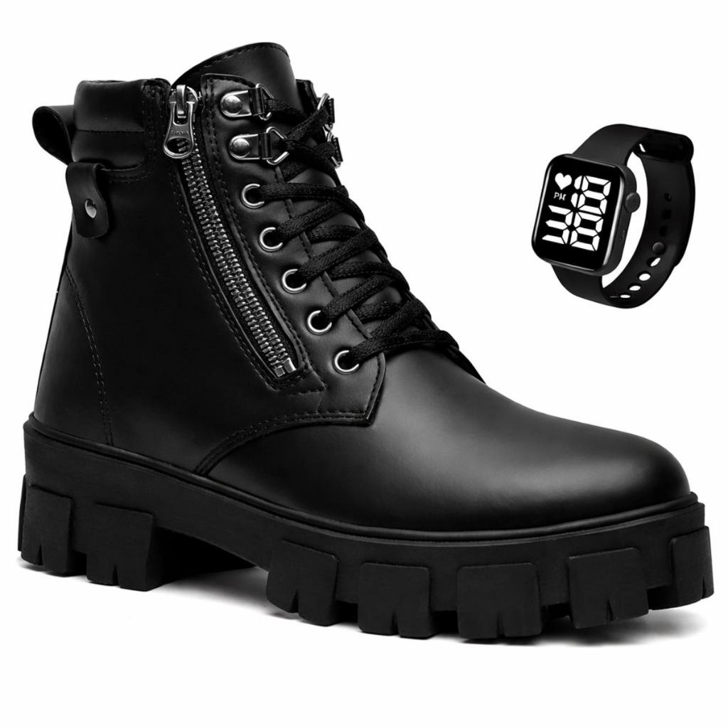 Coturno Bota Tratorada Feminina Cano Curto Zíper 