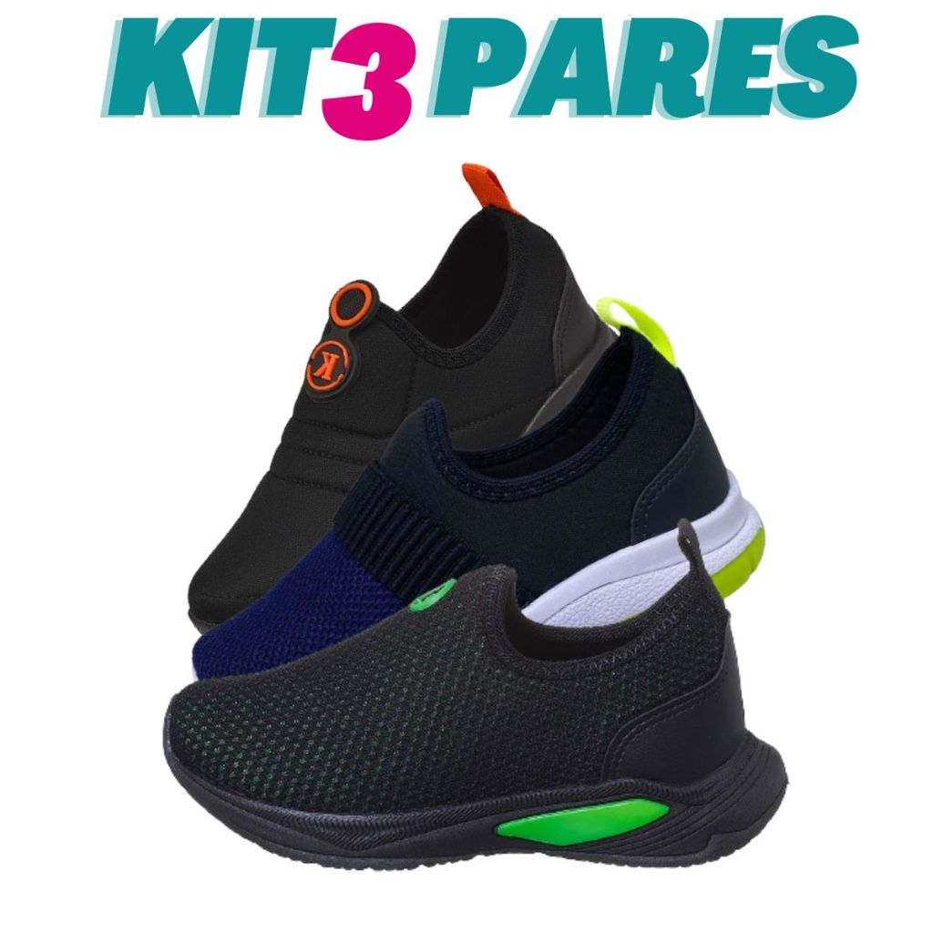 KIT 3 PARES Tenis Infantil Calce Facil Escolar Pre