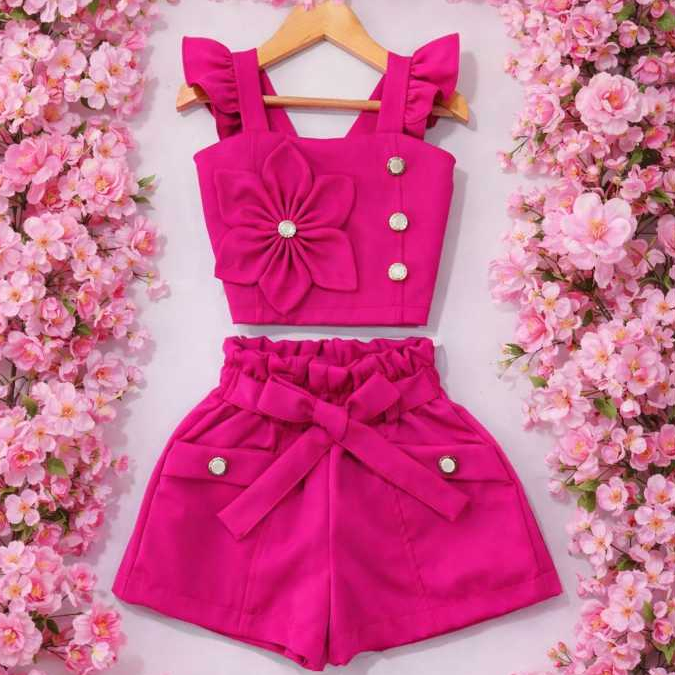 CONJUNTO INFANTIL CROPED E SHORT FEMENINO TECIDO A