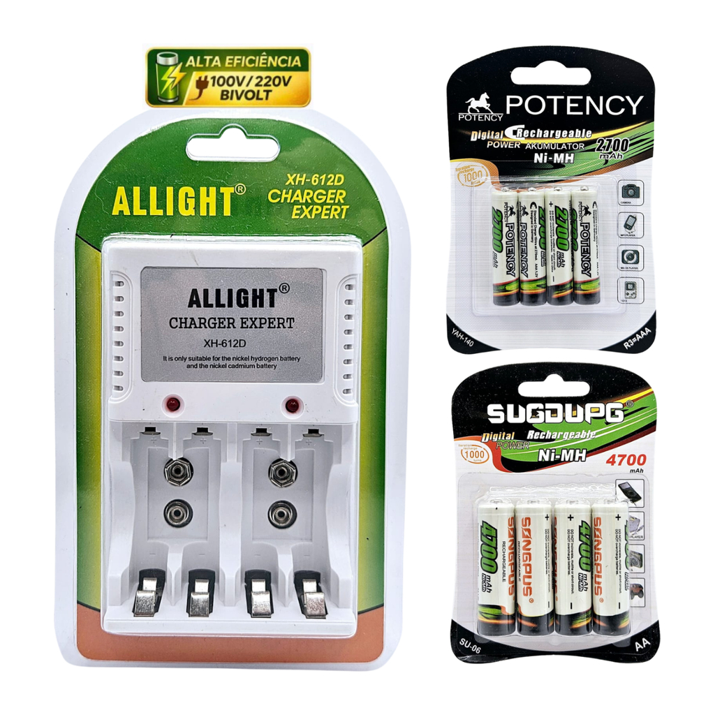 Kit Carregador De Pilhas Recarregáveis AA/AAA/Bat