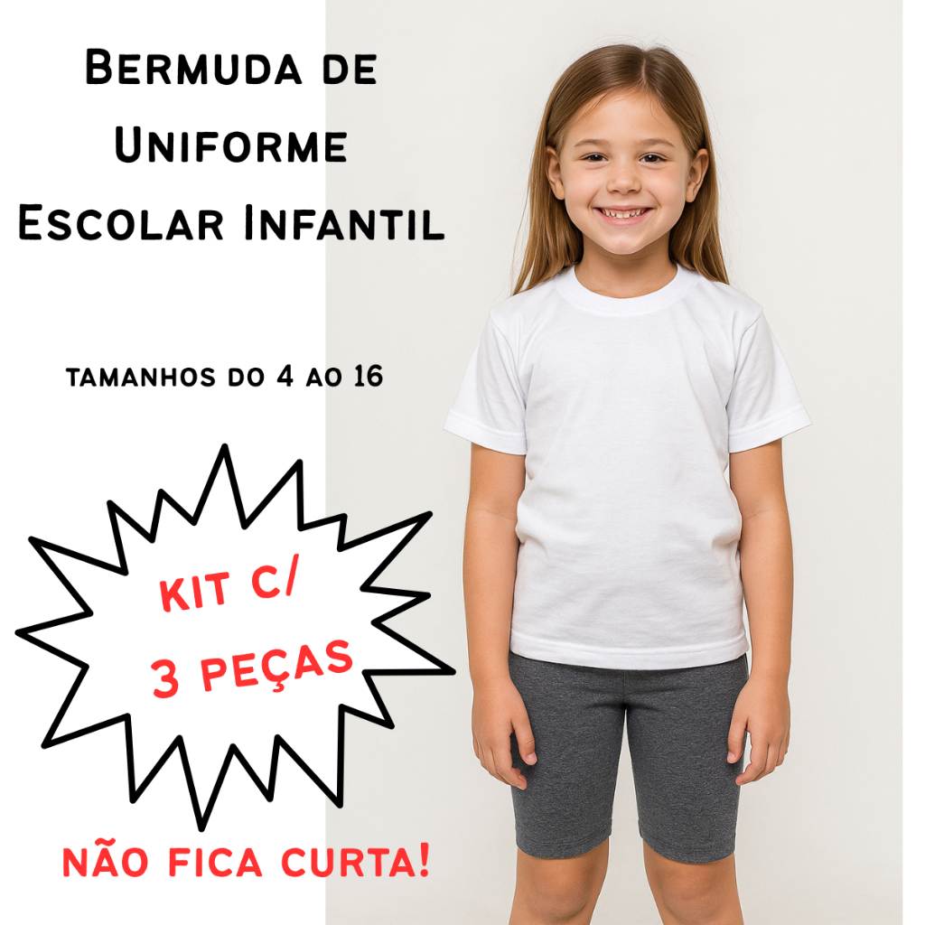 Kit c/3 Shorts Bermuda escolar infantil e juvenil 