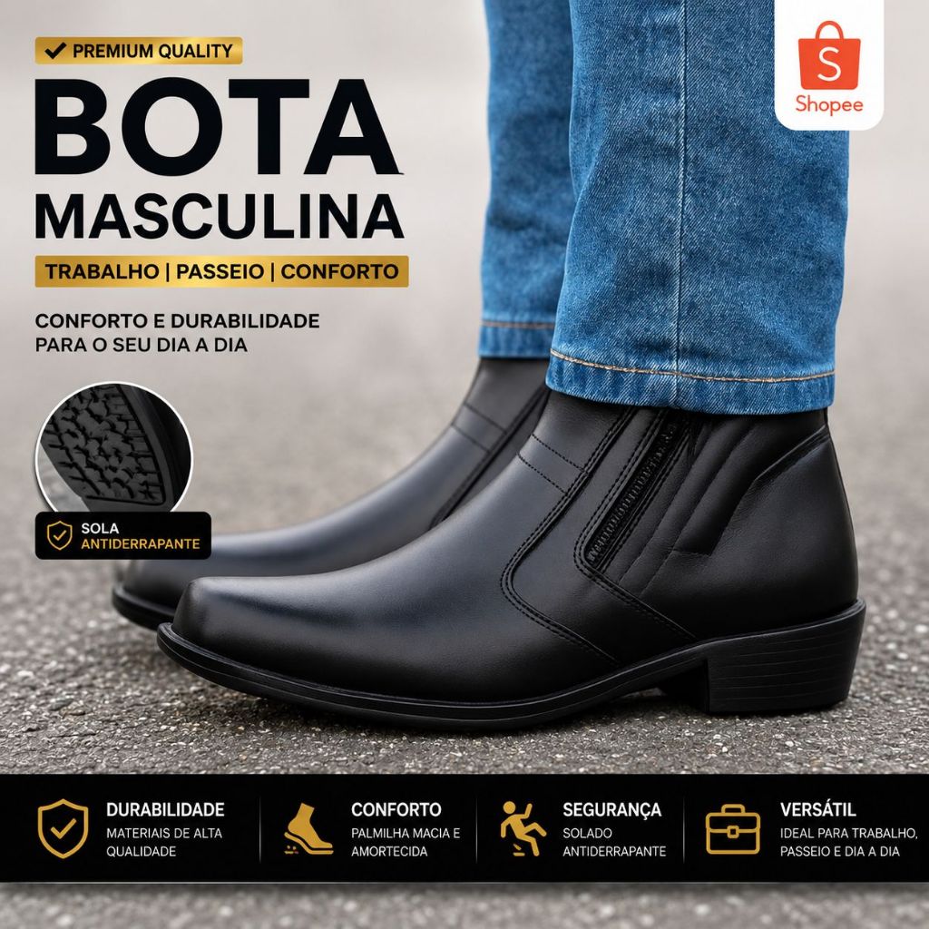 Bota Masculina Social Confortável Zíper Cano Bai