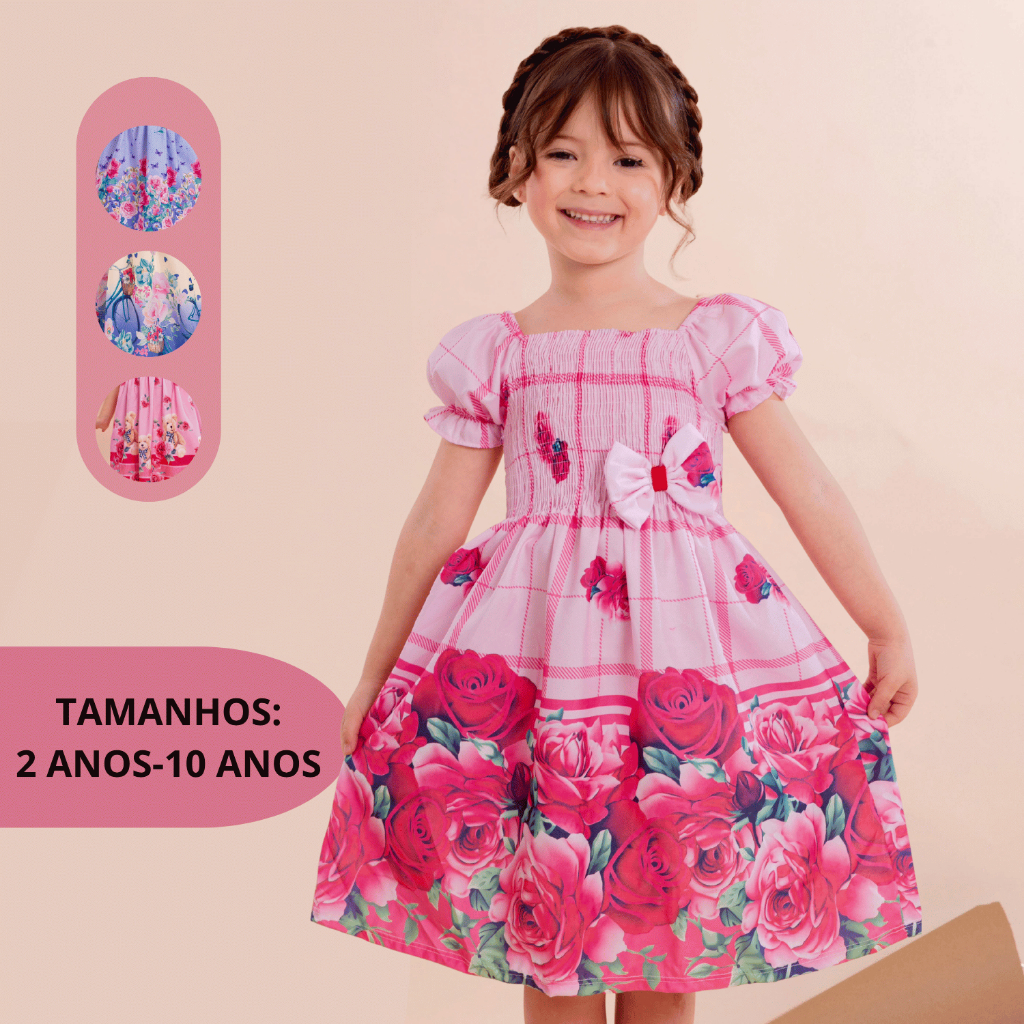 Vestido Menina Infantil Manga Bufante Estampa Flor