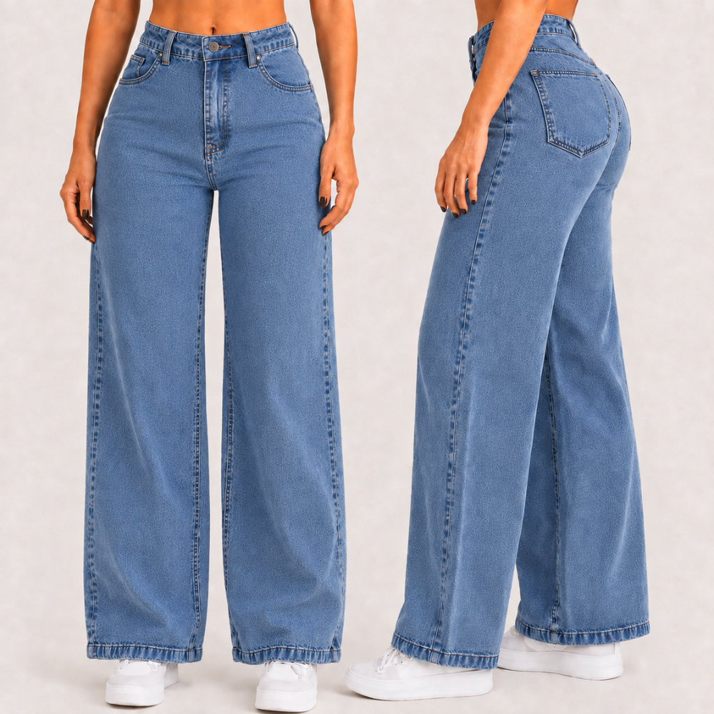 Calça Jeans Feminina Wide Leg Cintura Alta Pantal