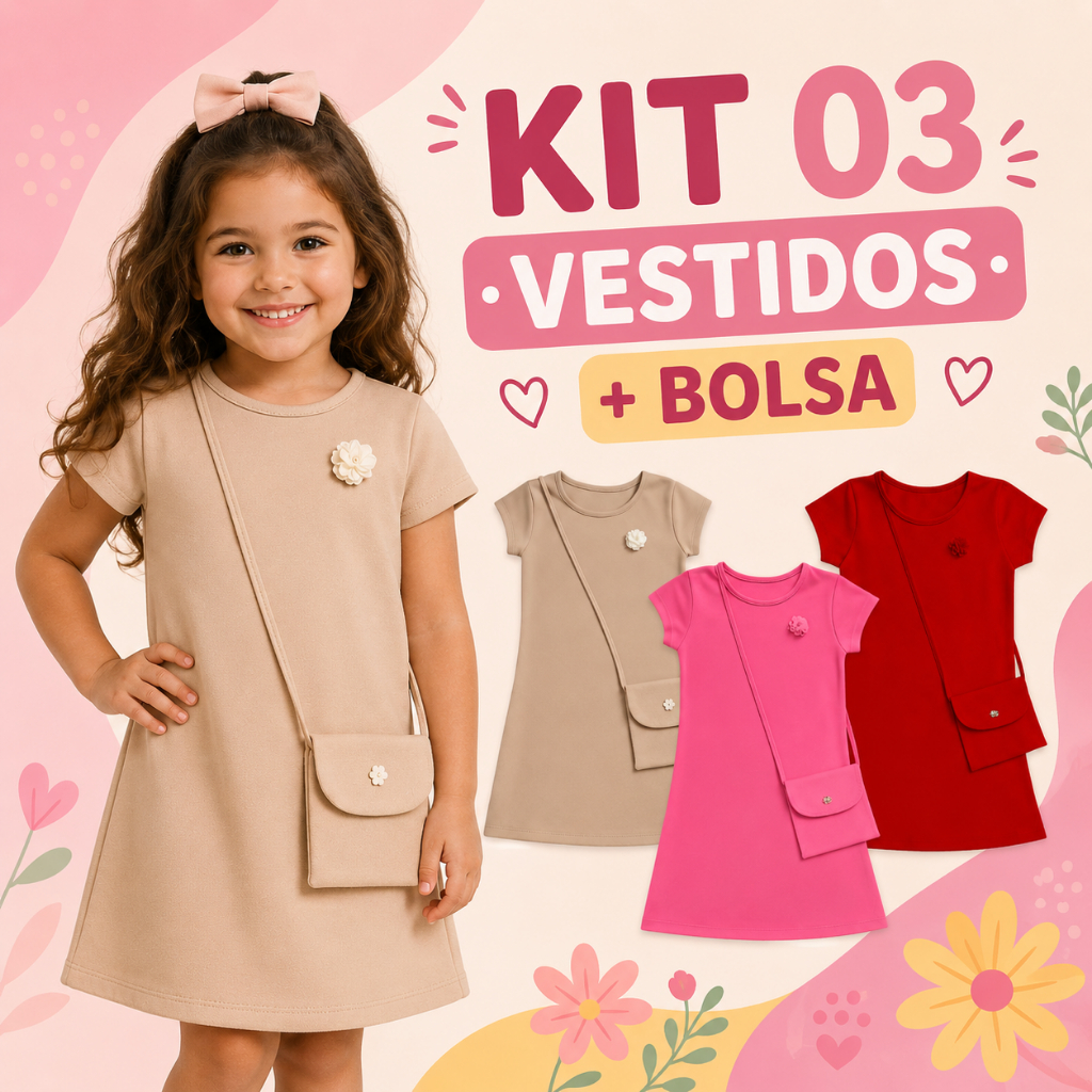 Kit 3 Vestido Básico + Bolsa Infantil Menina Algo