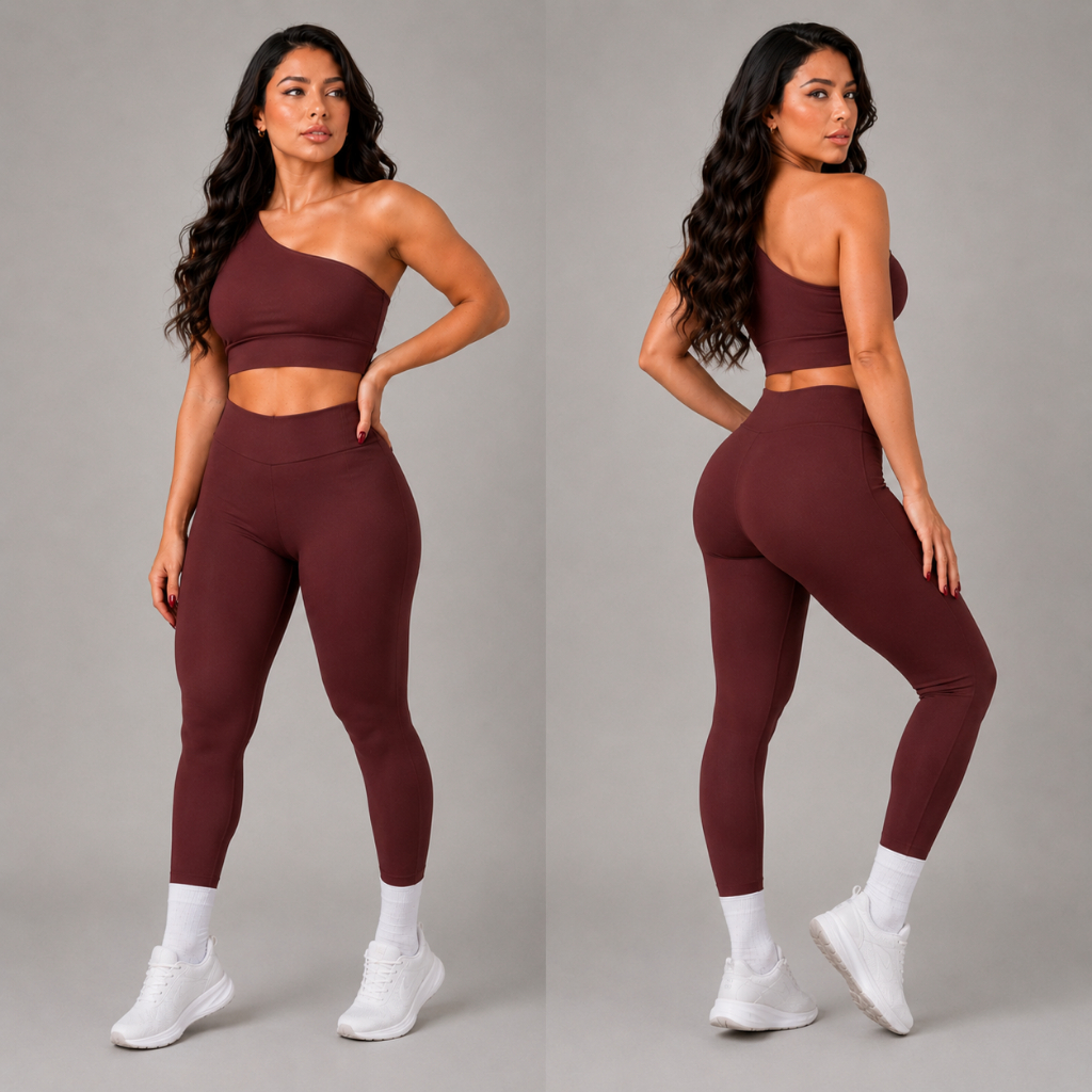 Conjunto legging e top marrom modinha ombro a most