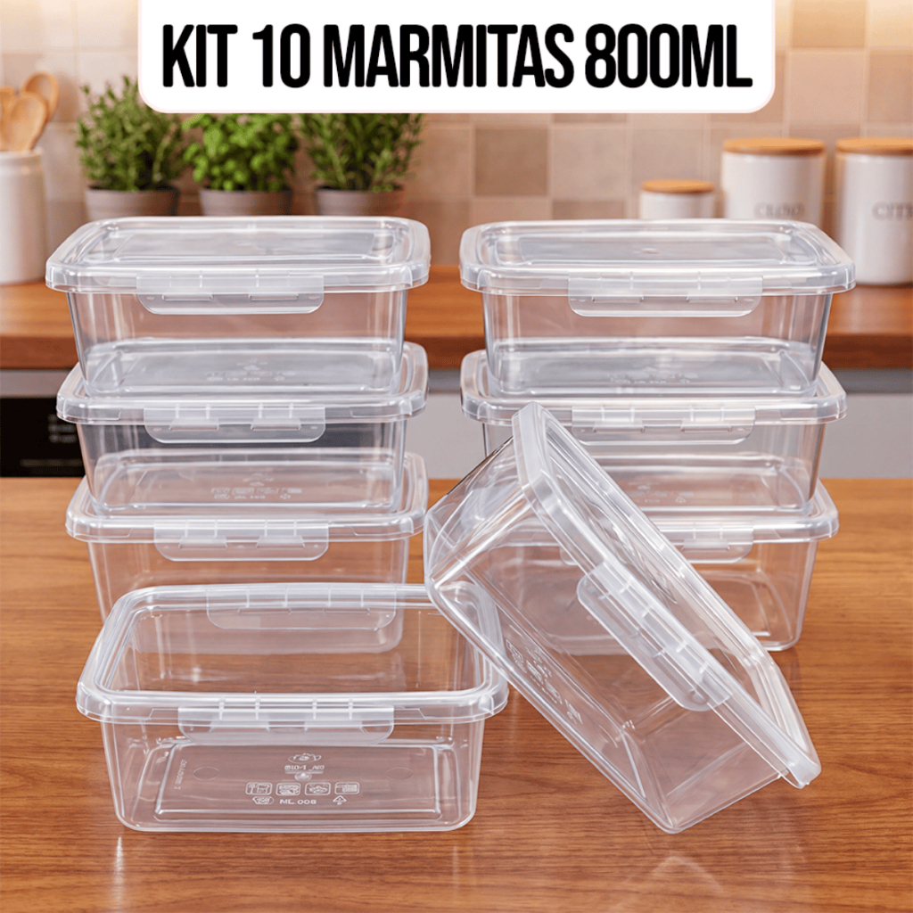 Kit 10 Marmitas Potes 800ml Travas Laterais hermet