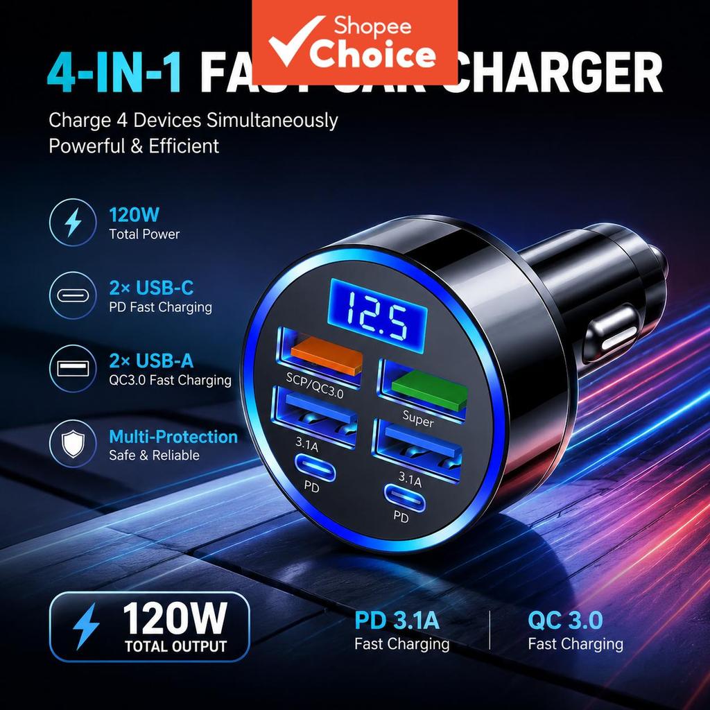 Adaptador de carro de carregamento rápido 6 em 1 