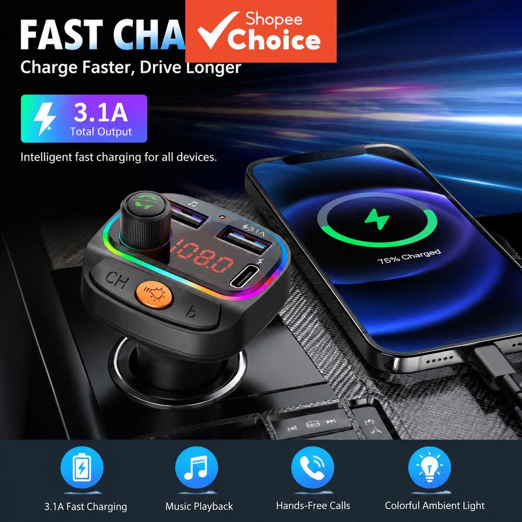 Carregador De Carro USB Duplo BLUETOOTH 5.0 Transm