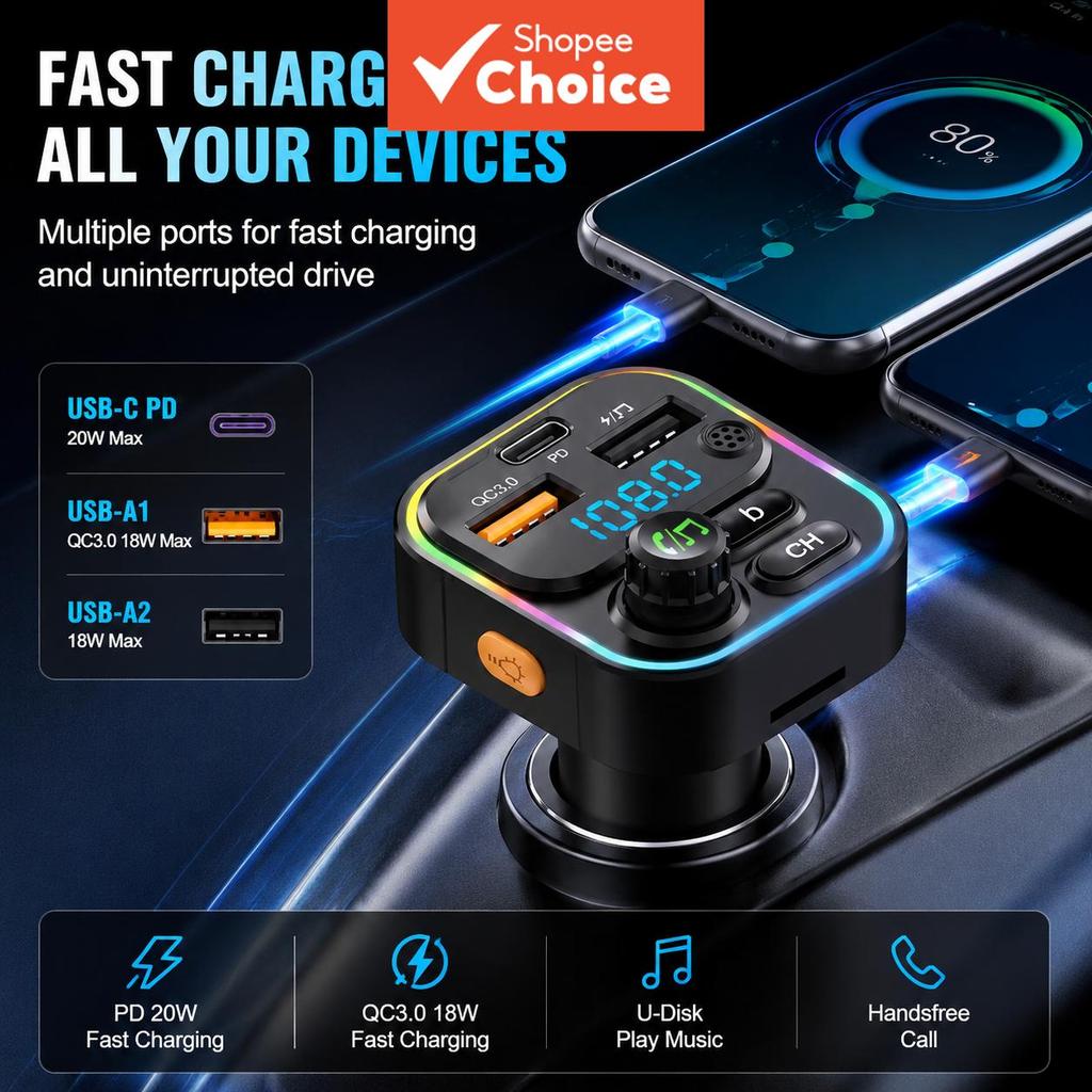 BLUETOOTH 5.0 Transmissor Fm Para Carro Carregador