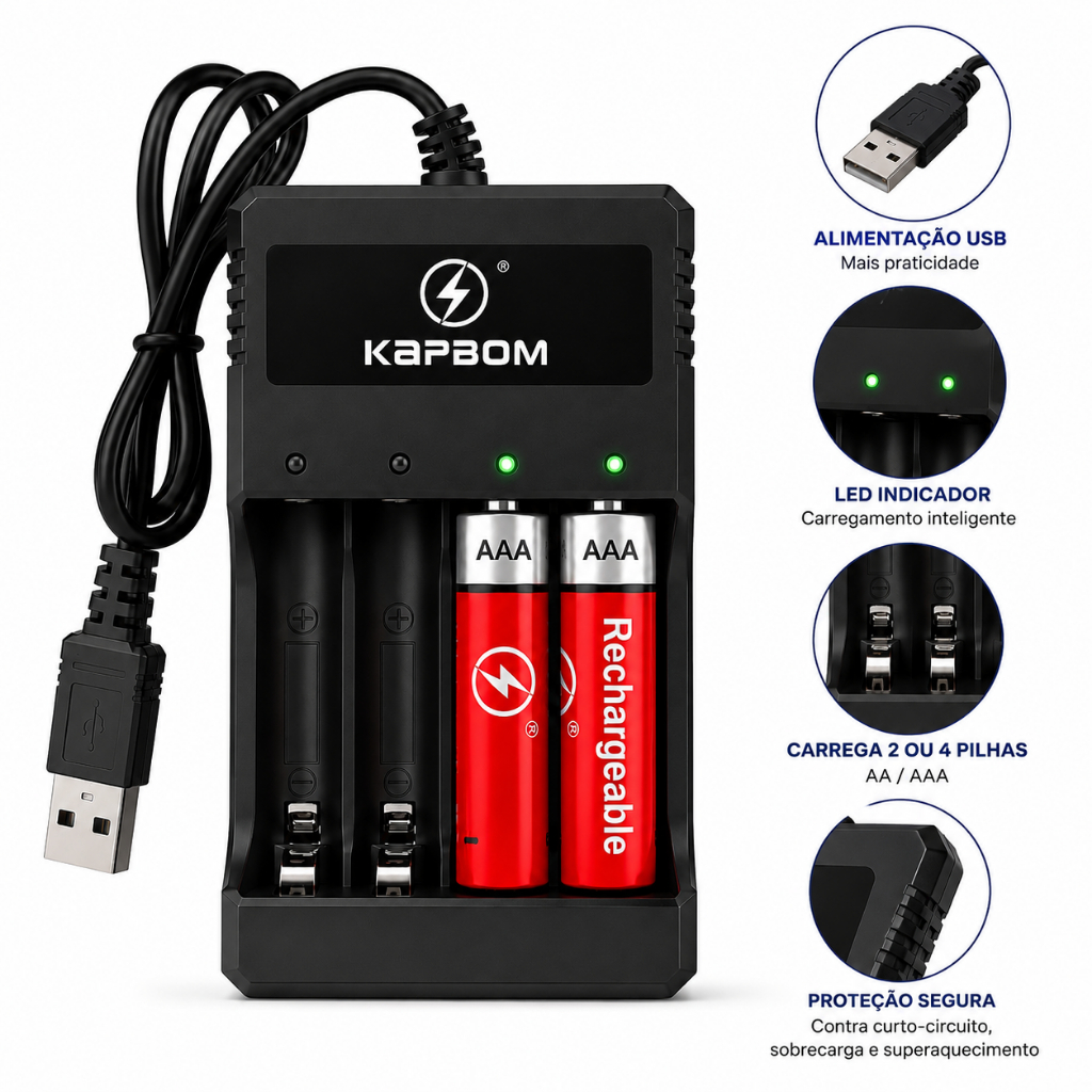 Carregador de Pilha AA e AAA Bivolt Kapbom USB e A