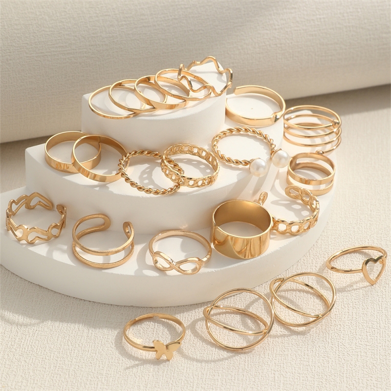 Conjunto De Anel Banhado A Ouro Ajustável Coraç�