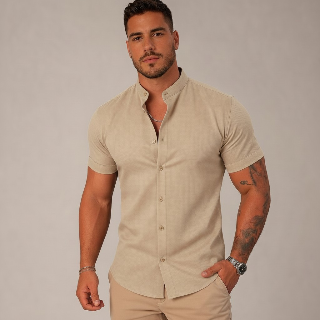 Camisa Social Masculina Gola Padre Manga Curta Asp