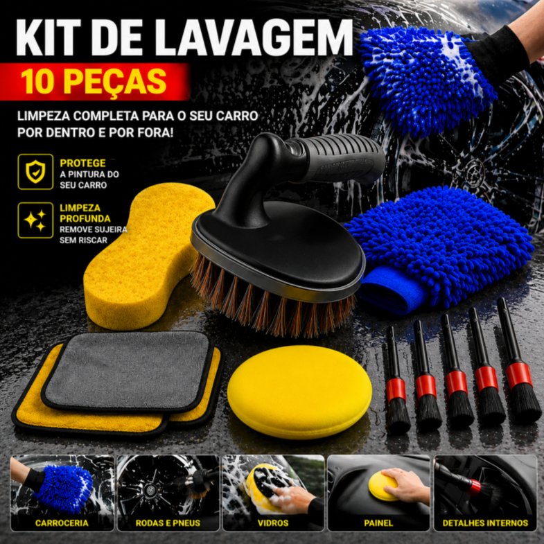 Kit 10 Peças Lavagem Automotiva Esponja + Escova